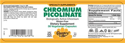 Photo of the Country Life Chromium Picolinate label