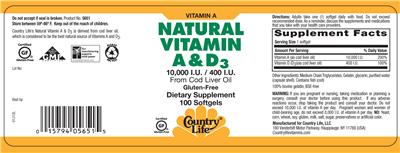 Photo of the Country Life Natural Vitamin A & D3 10,000 IU/400 IU label