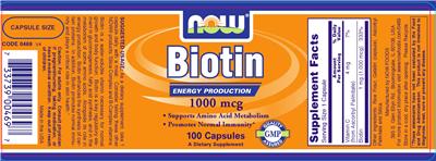 Photo of the NOW Biotin 1000 mcg label