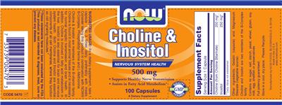 Photo of the NOW Choline & Inositol 500 mg label