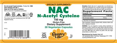 Photo of the Country Life NAC N-Acetyl Cysteine 750 mg label