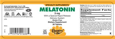 Photo of the Country Life Melatonin 3 mg label