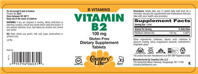 Photo of the Country Life Vitamin B2 100 mg label