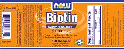 Photo of the NOW Biotin 5,000 mcg label