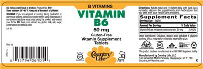 Photo of the Country Life Vitamin B6 50 mg label