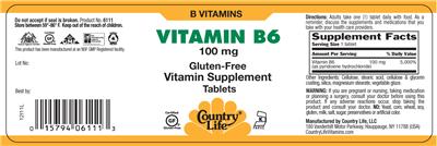 Photo of the Country Life Vitamin B6 100 mg label