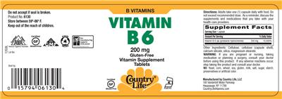 Photo of the Country Life Vitamin B6 200 mg label