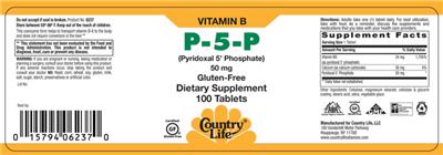 Photo of the Country Life P-5-P (Pyridoxal 5' Phosphate) 50 mg label