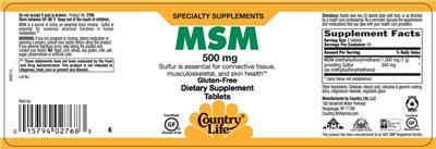 Photo of the Country Life MSM 500 mg label