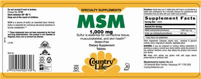 Photo of the Country Life MSM 1,000 mg label