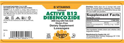 Photo of the Country Life Sublingual Active B12 Dibencozide 3000 mcg With Folic Acid label