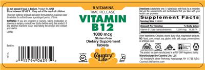 Photo of the Country Life Vitamin B12 1000 mcg label