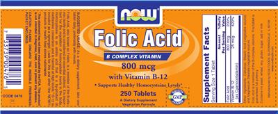 Photo of the NOW Folic Acid 800 mcg With Vitamin B-12 label