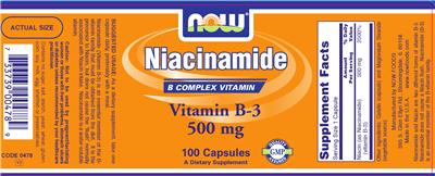 Photo of the NOW Niacinamide Vitamin B-3 500 mg label