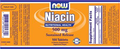 Photo of the NOW Niacin 500 mg Sustained Release label