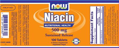 Photo of the NOW Niacin 500 mg Sustained Release label