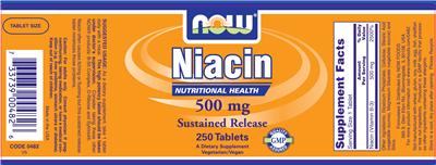Photo of the NOW Niacin 500 mg Sustained Release label