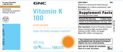 Photo of the GNC Vitamin K 100 label