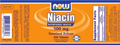 Photo of the NOW Niacin 500 mg Sustained Release label