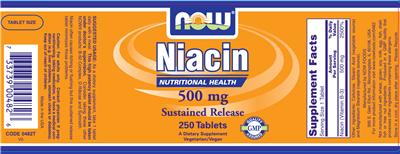 Photo of the NOW Niacin 500 mg Sustained Release label