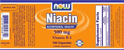 Photo of the NOW Niacin 500 mg Vitamin B-3 label