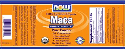 Photo of the NOW 100% Certified Organic Maca label