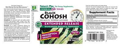 Photo of the Nature's Plus Herbal Actives Black Cohosh 200 MG/2.5% Tripterpene Glycosides Extended Release label