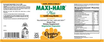 Photo of the Country Life Maxi-Hair Plus 5,000 mcg Biotin label