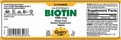 Photo of the Country Life Hi-Potency Biotin 1000 mcg label
