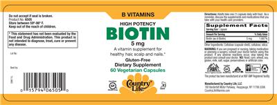 Photo of the Country Life Hi-Potency Biotin 5 mg label