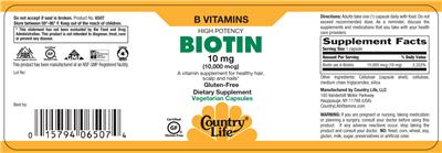 Photo of the Country Life High Potency Biotin 10 mg label