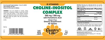 Photo of the Country Life Choline-Inositol Complex 500 mg / 500 mg With Pantothenic Acid label
