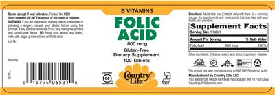Photo of the Country Life Folic Acid 800 mcg label