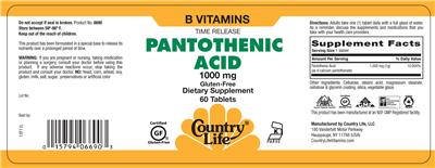 Photo of the Country Life Pantothenic Acid 1000 mg label