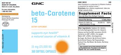 Photo of the GNC Beta-Carotene 15 mg (25,000 IU) label