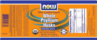 Photo of the NOW 100% Certified Organic Whole Psyllium Husks label