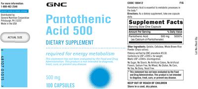 Photo of the GNC Pantothenic Acid 500 label