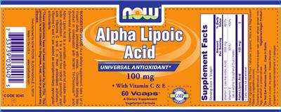 Photo of the NOW Alpha Lipoic Acid 100 mg label