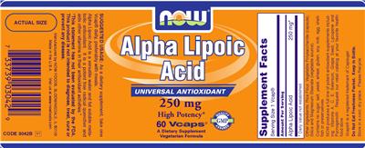 Photo of the NOW Alpha Lipoic Acid Universal Antioxidant 250 mg label
