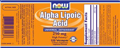 Photo of the NOW Alpha Lipoic Acid 250 mg label