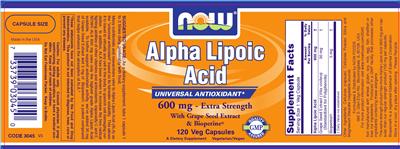 Photo of the NOW Alpha Lipoic Acid 600 mg - Extra Strength label