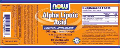 Photo of the NOW Alpha Lipoic Acid 600 mg - Extra Strength label