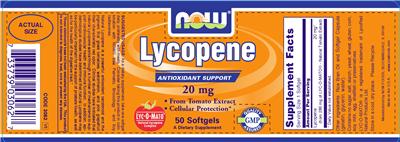 Photo of the NOW Lycopene 20 mg label