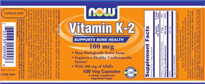 Photo of the NOW Vitamin K-2 100 mcg label
