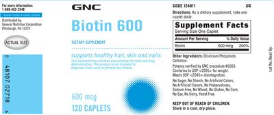 Photo of the GNC Biotin 600 label