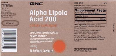 Photo of the GNC Alpha Lipoic Acid 200 mg label
