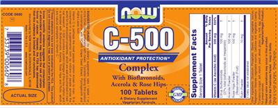 Photo of the NOW C-500 Complex With Bioflavonoids, Acerola & Rose Hips label