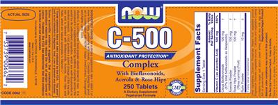 Photo of the NOW C-500 Complex With Bioflavonoids, Acerola & Rose Hips label