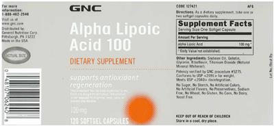 Photo of the GNC Alpha Lipoic Acid 100 mg label