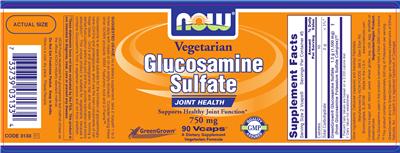 Photo of the NOW Glucosamine Sulfate 750 mg label